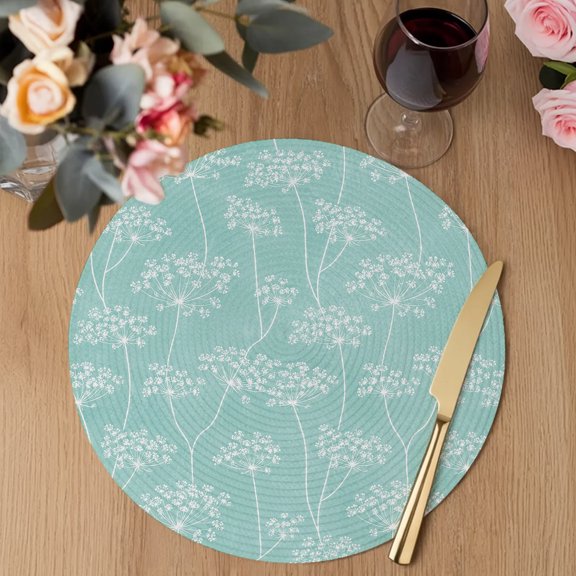 Teal Mint Umbellifer Round Braided Placemats Set of 1, Retro Rustic Flora Stems Flower Botanical Heat Insulation Place Mats Washable Non-Slip Table Mats for Kitchen Dining Party, 13 Inches