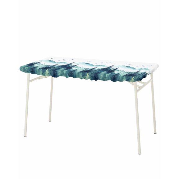 Teal Mist Forest Rectangle Tablecloth, Waterproof Elastic Fitted Table Covers for 8 Foot Tables, 32x96inch Decorative Tablecloths for Picnic, Camping, Outdoor, Watercolor Rustic Mountain Landscape