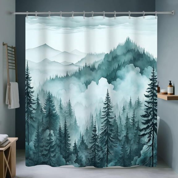Teal Misty Forest Shower Curtain, Mountain Shower Curtain for Bathroom, Rustic Nature Woodland Pine Tree Landscape Bath Decor Waterproof Fabric Shower Curtain with Hooks 54"W x 78"L (Pack of 1)