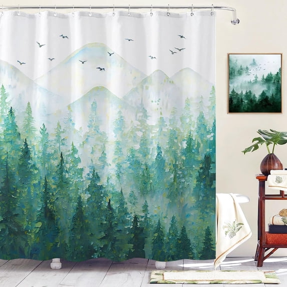 Teal Misty Forest Shower Curtain Ombre Nature Tree Plants Shower Curtains Fabric Waterproof Mountain Shower Curtain Sets for Bathroom Bath Decor with 12 Hooks (Teal1, 72'''' × 72'''')