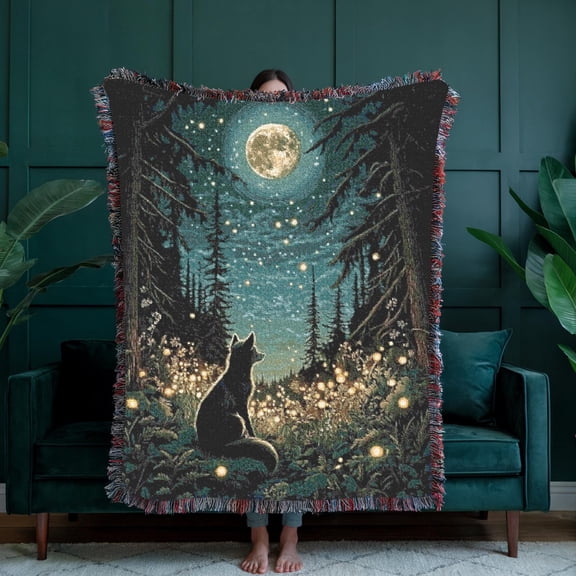 Teal Moonlit Wolf and Pine Forest Woven Blanket, 100% Cotton, Celestial Woodland Home Accent