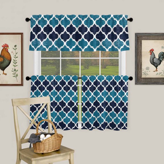 Teal Moroccan Pattern Buffalo Check Curtain Tier and Valance Set 3 Piece, Navy Blue Style 3-inch Rod Pocket Window Tier Curtains Valance for Kitchen Living Room