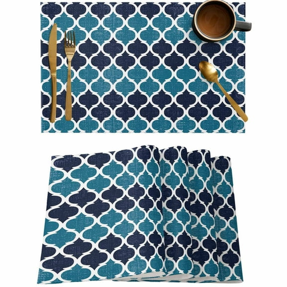 Teal Moroccan Pattern Buffalo Check Placemats Set of 4,Wipeable Washable Table Mats for Dining Tables,Navy Blue Style Place Mats for Kitchen Event Party Tabletop Decor