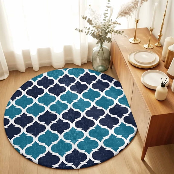 Teal Moroccan Pattern Buffalo Check Round Rug 3ft Navy Blue Style Washable Area Rugs for Living Room Bedroom Entryway Non Slip Entrance Door Mat Indoor Floor Carpet
