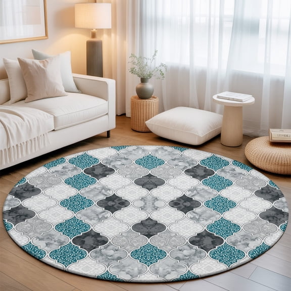 Teal Moroccan Plaid 8' Round Rugs for Open Concept Living Room Seating Zone, Modern Abstract Exotic Geometric Black Checkered Washable Non Slip Mats Large Circle Lounge Area Area Rug