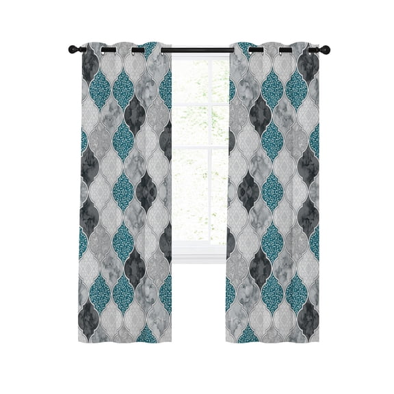 Teal Moroccan Plaid Blackout Curtains for Bedroom Living Room, Modern Abstract Exotic Geometric Black Checkered 84 In Long Thermal Insulated Room Darkening Drapes Grommet Window Treatment, 52 x 84 In