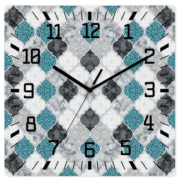 Teal Moroccan Plaid Wall Clock Modern Abstract Exotic Geometric Black Checkered 10 Inch Wooden Wall Clock Silent Non Ticking Wall Clocks Quartz Battery Operated Square Clock for Living Room Bedroom