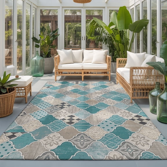 Teal Moroccan Shield Washable Living Room Rugs 5'x7', Modern Abstract Exotic Geometric Grey Checkered Washable Throw Large Area Rugs Non-Slip Edge Binding Carpet for Dining Room Bedside Kitchen