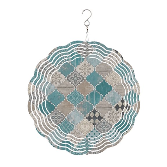 Teal Moroccan Shield Wind Spinner for Garden Yard 8In, Modern Abstract Exotic Geometric Grey Checkered 3D Stainless Steel Kinetic Hanging Wind Spinners Rustproof Outdoor Decor for Lawn Patio Home