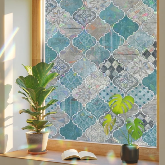 Teal Moroccan Shield Window Privacy Film, Modern Abstract Exotic Geometric Grey Checkered Stained Glass Rainbow Film Decorative Window Clings, Static Cling Sun Blocking Stickers 29.5" x 118"