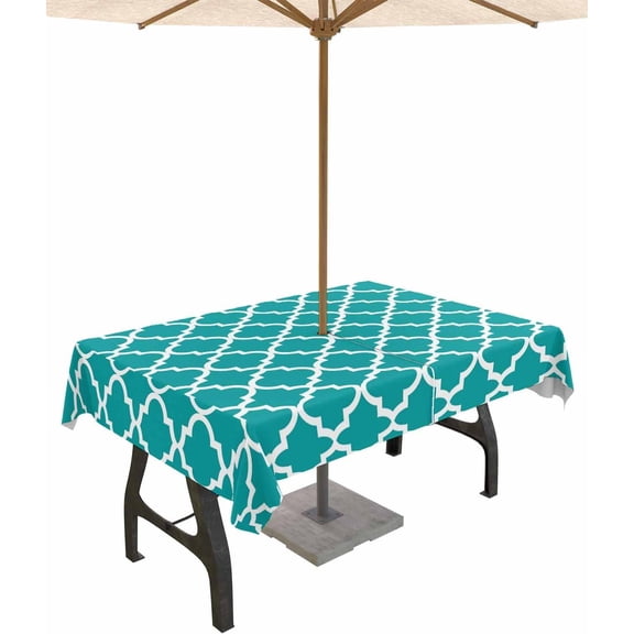 Teal Morocco Outdoor Tablecloth with Umbrella Hole Rectangle,Ethnic Boho Minimalist Abstract Geometric Waterproof Table Cloth Washable Wipeable Cover Spill Proof for Patio Summer Picnic BBQ 60x120