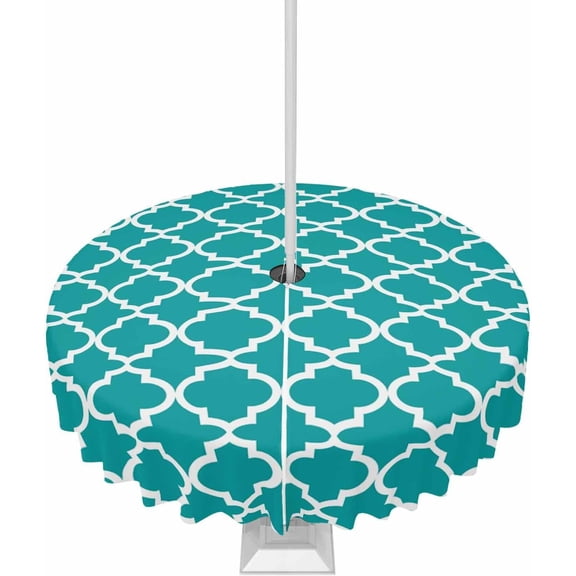 Teal Morocco Outdoor Tablecloth with Umbrella Hole Round, Ethnic Boho Minimalist Abstract Geometric Waterproof Table Cloth Washable Wipeable Cover Spill Proof for Patio Spring Summer Picnic BBQ 60"