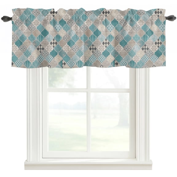 Teal Morocco Style Kitchen Valances for Windows, Vintage Rustic Simple Geometric Art Gray Bathroom Window Valances 42x12 Inch Rod Pocket Window Treatments Valance Curtains for Living Room Bedroom