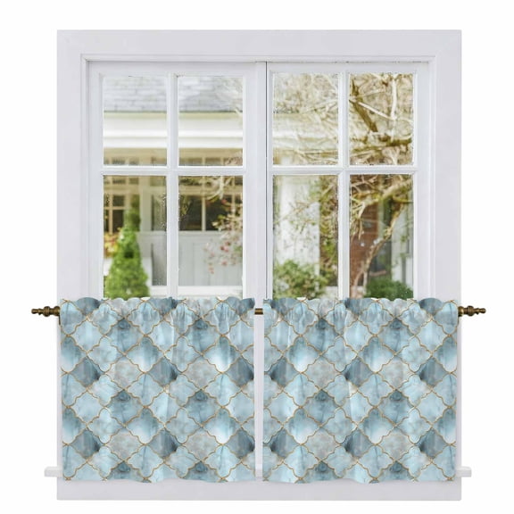 Teal Morocco Tier Curtains, Modern Abstract Art Contemporary Geometric Light Filtering Kitchen Curtains, 2Pcs Rod Pocket Half Window Treatments Panels for Sink Cafe Cabinet Camper 27.5x36 Inches