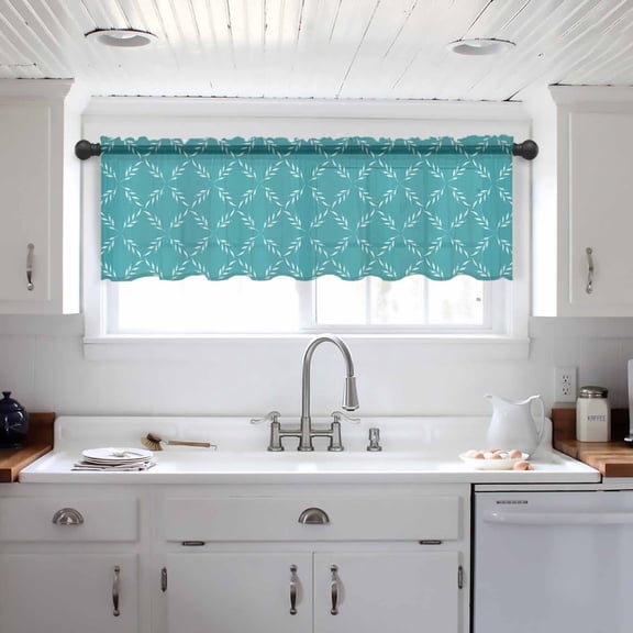 Teal Morocco Valance Curtains for Kitchen/Living Room/Bathroom/Bedroom Window, Geometric Leaf Diamond Lattice Abstract Rod Pocket Small Topper Half Short Window Curtains Voile Sheer Scarf 54"x18"