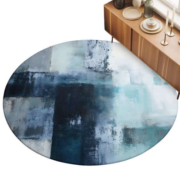 Teal Mottled Area Rug, Abstract Teal Mottled Texture Non-Slip Felt Rubber Backing Round Indoor Carpet Washable Rugs for Living Room Bedroom 3ft