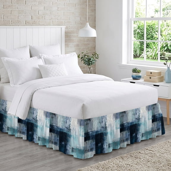 Teal Mottled Bed Skirt Queen Size 18 Inch Drop, Abstract Teal Mottled Texture Adjustable Elastic Dust Ruffles Bedskirt for Queen Bed Wrap Around Pleated Mattress Frame Cover
