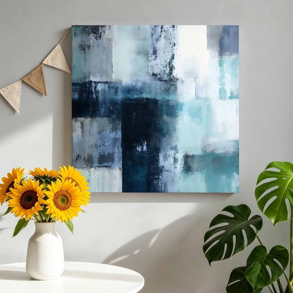 Teal Mottled Canvas Wall Art, Abstract Teal Mottled Texture Framed Canvas Wall Decor Picture Print Artwork Decorations for Living Room Office Ready to Hang 8" x 8"