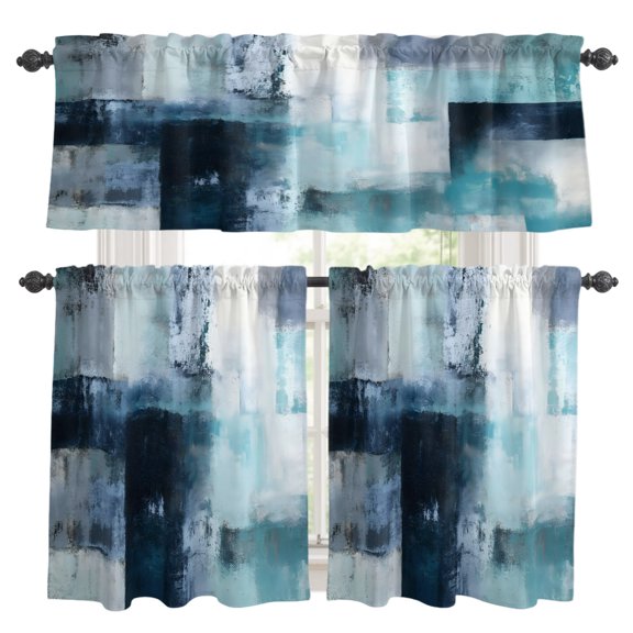 Teal Mottled Kitchen Curtains Valances 3 Piece Set, Abstract Teal Mottled Texture Rod Pocket Tier Curtain and Valance Drapes for Small Window 24 Inch Length for Bedroom Cafe