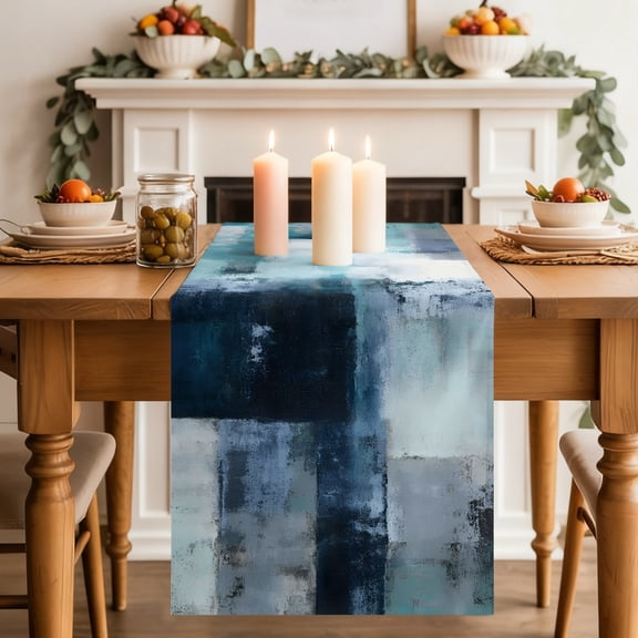 Teal Mottled Table Runner, Abstract Teal Mottled Texture Washable Cotton-linen Table Runners Dining Kitchen Decoration for Everyday Home Wedding Party Decor, 18 x72 Inch