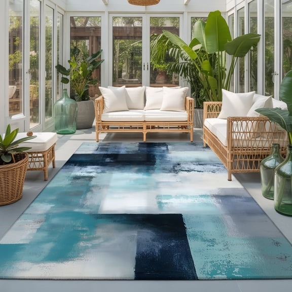 Teal Mottled Washable Living Room Rugs 9'x12', Abstract Teal Mottled Texture Washable Throw Large Area Rug Non-Slip Sturdy Edge Binding Carpet for Bedroom Dining Room Office