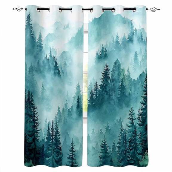 Teal Mountain Blackout Curtains for Bedroom, Misty Forest Nature Woodland Pine Tree Landscape Thermal Insulated Kitchen Drapes with Grommets, Light Blocking Window Treatment, 2 Panels 27.5" x 39"