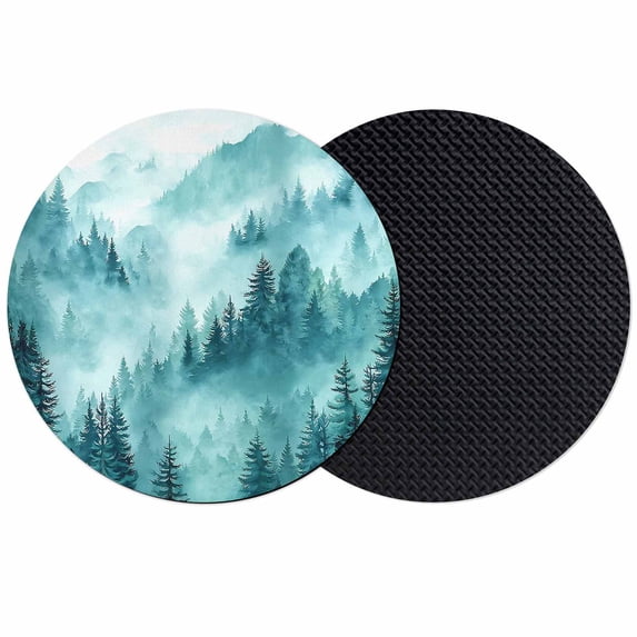 Teal Mountain Coasters Set of 2, Absorbent Coasters for Drinks, Misty Forest Nature Woodland Pine Tree Landscape Coaster for Desk Coffee Table Protection, Home Decor House Warming Gifts 4"
