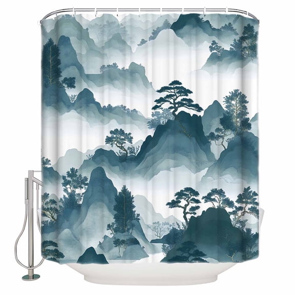 Teal Mountain Forest Bathroom Shower Curtains with 12 Hooks Polyester Waterproof Shower Curtain for Stalls and Bathtubs Retro Garden Nature Landscape Decorative Bathroom Privacy Curtain 54x78 Inches