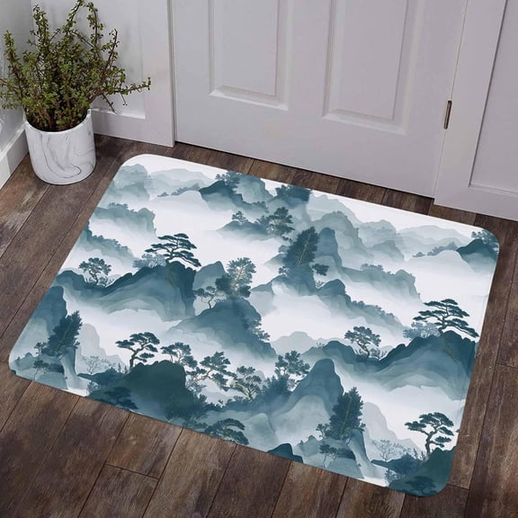 Teal Mountain Forest Door Mat 16" x 24" Indoor/Outdoor Rug for Entry Way, Retro Garden Nature Landscape Doormat Front Door Rug Welcome Mat, Non Slip Rubber Back Low Profile for Garden Patio