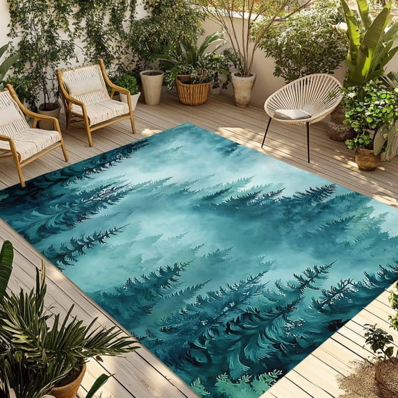Teal Mountain Outdoor Rug 3x5 Ft - Reversible Patio Rug Outdoor Camping Rugs, Misty Forest Nature Woodland Pine Tree Landscape Indoor Outdoor Area Rugs, Non-Slip Outdoor Carpet Runner for Deck/Porch