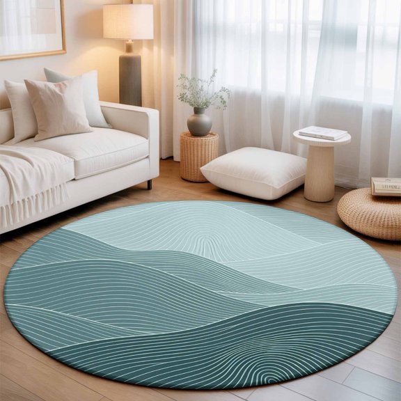 Teal Mountain Ridges Small Round Rug 3Ft Blue Ombre Fluid Lines Mountains Serene Abstract Area Rugs Washable Non Slip Indoor Floor Mats Circle Carpet for Living Room Bedroom Dining Room Home Decor