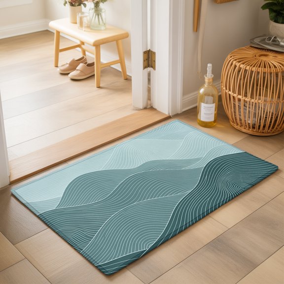 Teal Mountain Ridges Washable Small Entryway Area Rugs 2'x3', Blue Ombre Fluid Lines Mountains Serene Abstract Washable Throw Rug Non-Slip Sturdy Edge Binding Carpet for Front Door Floor Room Entry