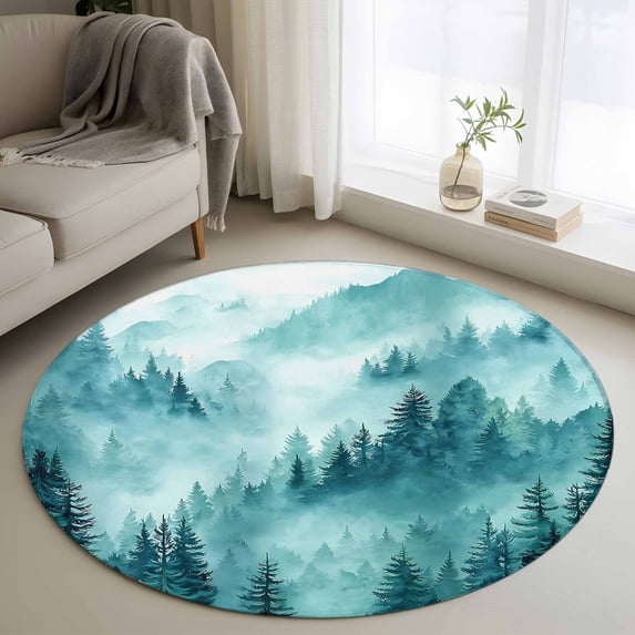 Teal Mountain Round Area Rug 3Ft Washable Small Circle Rugs for Kitchen Entryway, Misty Forest Nature Woodland Pine Tree Landscape Non-Slip Carpet Floor Mats Indoor Outdoor Carpet Runner Home Decor