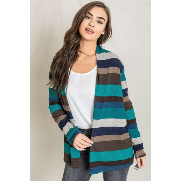 Teal Multi Stripe Elbow Patch Knit Open Cardigan