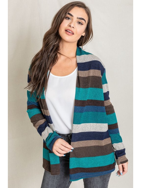 Teal Multi Stripe Elbow Patch Knit Open Cardigan