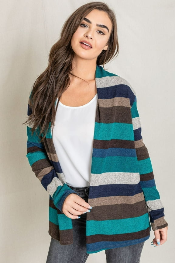 Teal Multi Stripe Elbow Patch Knit Open Cardigan