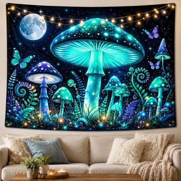 Teal Mushroom in a Glowing Night Forest, Mystical Fantasy for Nature Lovers, Bioluminescent Forest Decor, Housewarming Gift, Tapestry Wall Hanging for Bedroom and Studio