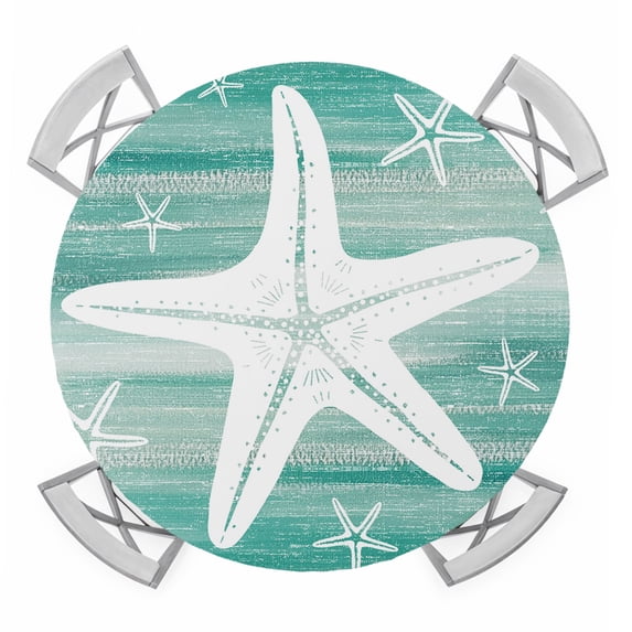 Teal Nautical Starfish Round Table Cover, Coastal Modern Summer Marine Life Waterproof Fitted Tablecloths for 45"-54" Tables, Washable Picnic Table Cover for Camping Dining Indoor Outdoor