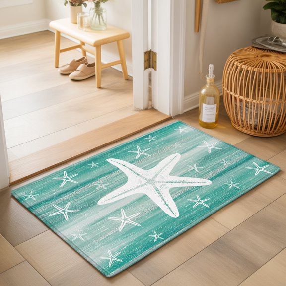 Teal Nautical Starfish Washable Small Entryway Area Rugs 2'x3', Coastal Modern Summer Marine Life Washable Throw Rug Non-Slip Sturdy Edge Binding Carpet for Front Door Floor Room Entry