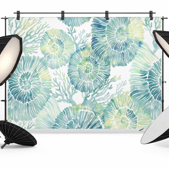 Teal Nautilus Backdrop for Photography, Summer Watercolor Coastal Green Coral Photo Backdrop Portrait Background Party Banner Photo Backgrounds for Studio Booth Props, 7x5ft