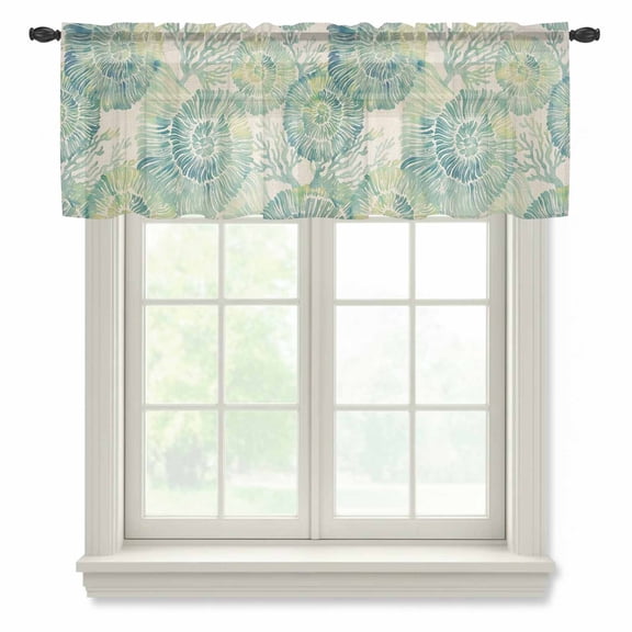 Teal Nautilus Sheer Valances for Windows, Coastal Green Coral Vintage Khaki Linen Texture Semi Sheer Kitchen Valance Rod Pocket Small Voile Window Curtains for Living Room Bedroom 42 x 12 Inch