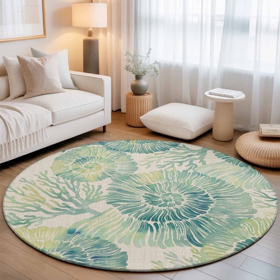 Teal Nautilus Washable Round Area Rug 5 ft, Coastal Green Coral Vintage Khaki Linen Texture, Soft Non Slip Rugs Stain Repellent Indoor Felt Carpet for Living Dining Room Bedroom Home Office