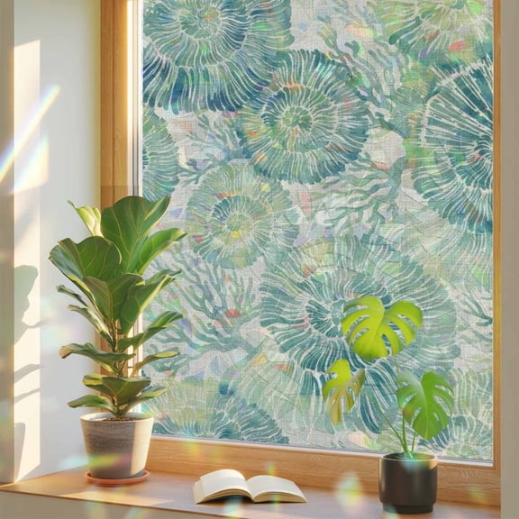 Teal Nautilus Window Privacy Film, Coastal Green Coral Vintage Khaki Linen Texture Stained Glass Rainbow Film Decorative Window Clings, Static Cling Sun Blocking Stickers 17.7" x 39.3"