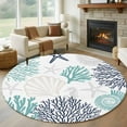 thumbnail image 1 of Teal Navy Blue Coastal 7ft Round Rug, Summer Beach Coral Shell Ocean Non-Skid Rubber Backing Large Area Rugs - Living Room Bedroom Home Office, Indoor Floor Mat Carpets Washable Rug, 1 of 9