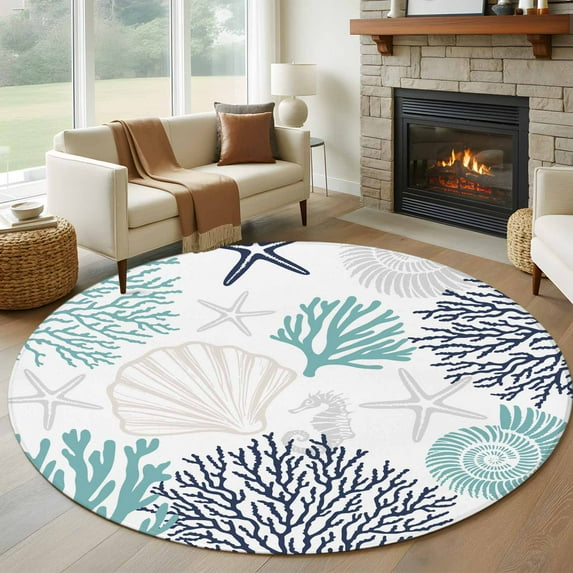 Teal Navy Blue Coastal 7ft Round Rug, Summer Beach Coral Shell Ocean Non-Skid Rubber Backing Large Area Rugs - Living Room Bedroom Home Office, Indoor Floor Mat Carpets Washable Rug
