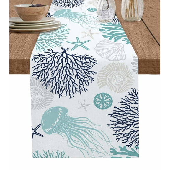 Teal Navy Blue Coastal Burlap Cotton Table Runner 13x36 Inches Short, Coral Jellyfish Nautical Farmhouse Table Runners, Outdoor Dining Tablecloths Decor for Baby Shower/Party/Wedding
