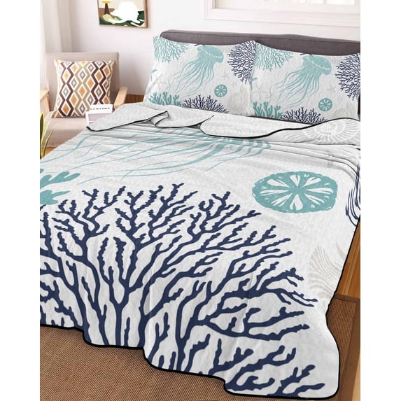 Teal Navy Blue Coastal Queen Size Down Alternative Comforter, Lightweight Comforter Quilt Bedding Set with Pillow Shams Coral Jellyfish Nautical All Seasons Bed Comforter Duvet Insert 90"x96"