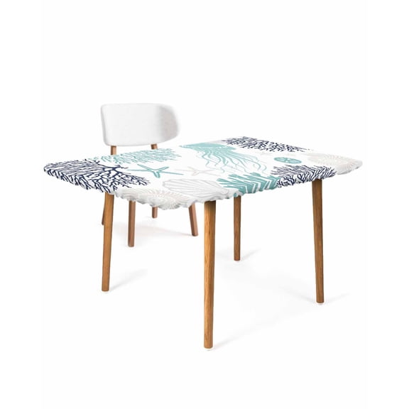 Teal Navy Blue Coastal Rectangle Tablecloth, Waterproof Elastic Fitted Table Covers for 4 Foot Tables, 24x50inch Decorative Tablecloths for Picnic, Camping, Indoor, Outdoor, Coral Jellyfish Nautical