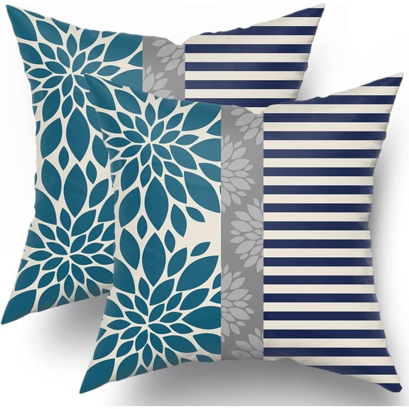 Teal Navy Blue Pillow Covers 18x18 Set of 2 Gray Dahlia Decorative Striped Throw Pillows Modern Geometry Flower Decorative Pillowcase Square Cotton Cushion Case Decor for Home Sofa Couch Bed