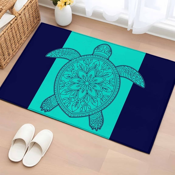 Teal Navy Blue Sea Turtle 2x3 Door Mat Rug, Summer Beach Coastal Modern Art Non-Skid Rubber Backing Large Rectangle Rugs - Living Room Bedroom Home Office, Indoor Floor Mat Carpets Washable Rug